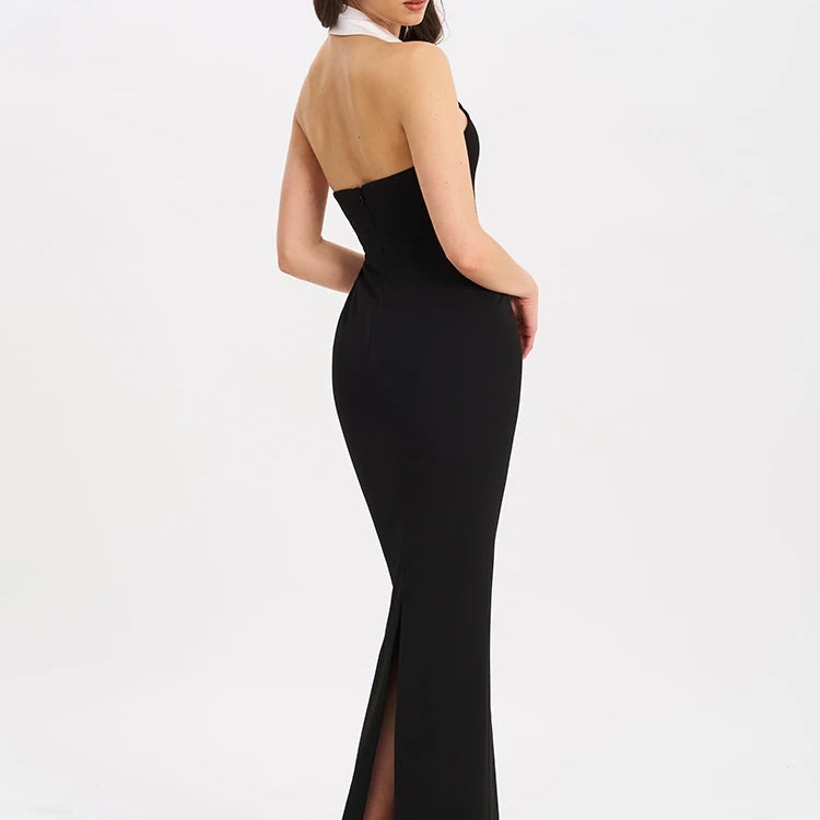 Mozision Halter Backless Sexy Maxi Dress For Women Gown Contrast Color Notched Collar Sleeveless Bodycon Club Party Tank Dress
