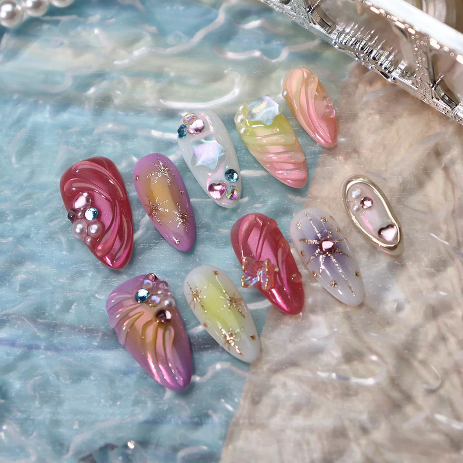 Ocean Series Fake Nail 10pcs Handmade 3d Colored Press On Nails Pearl And Buterfaly Design Almond False Nail Patches Deachable