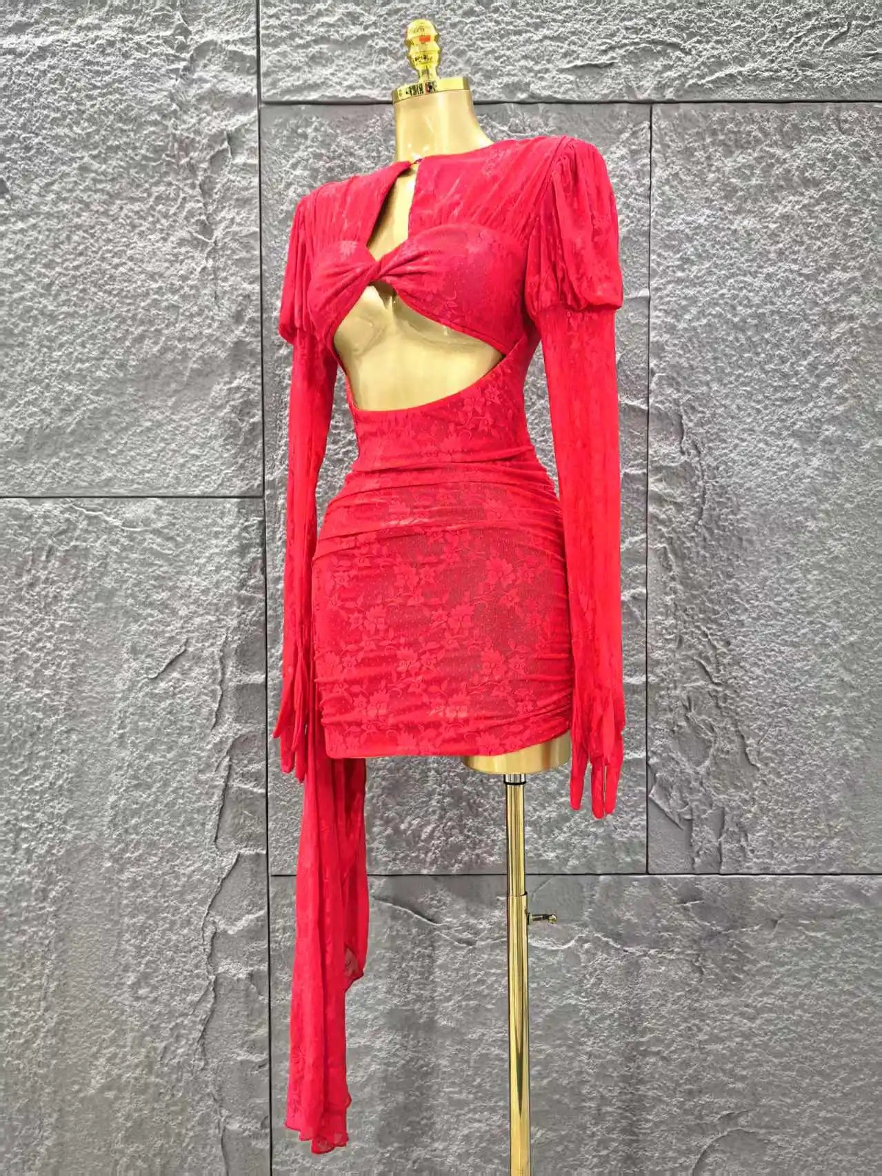 Red Color Christmas Style Women Long Sleeve Sexy Keyholes Bodycon Mini Dress Nightclub Party Celebrate Wedding Outfit