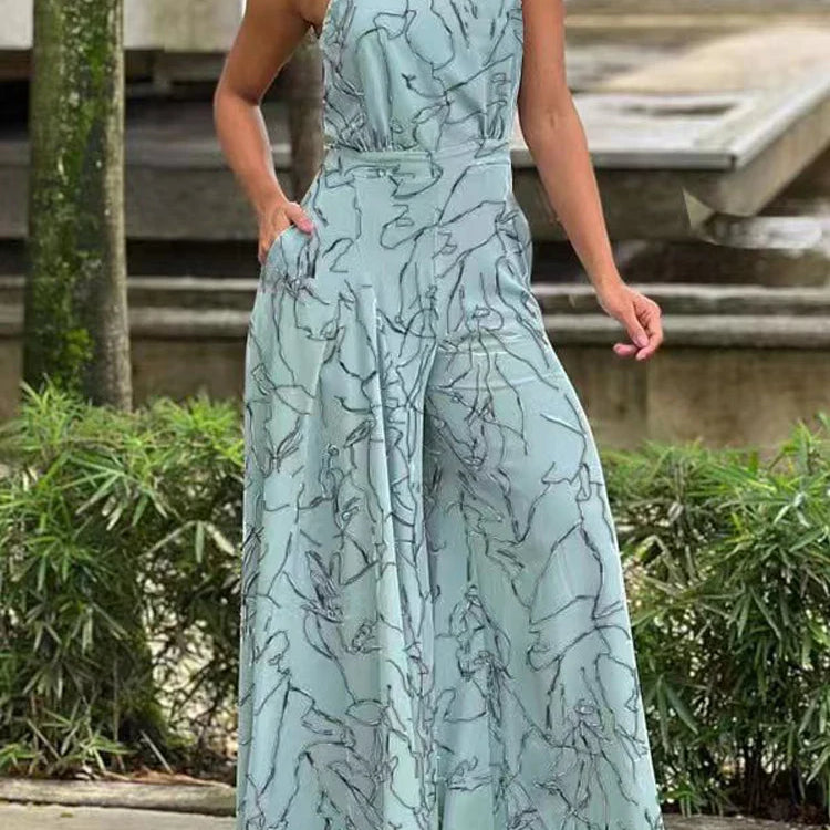 Women's Elegant Waist Halter Jumpsuit Casual Print Tie Sleeveless Wide Leg Long Pant Summer Clothing Black Line