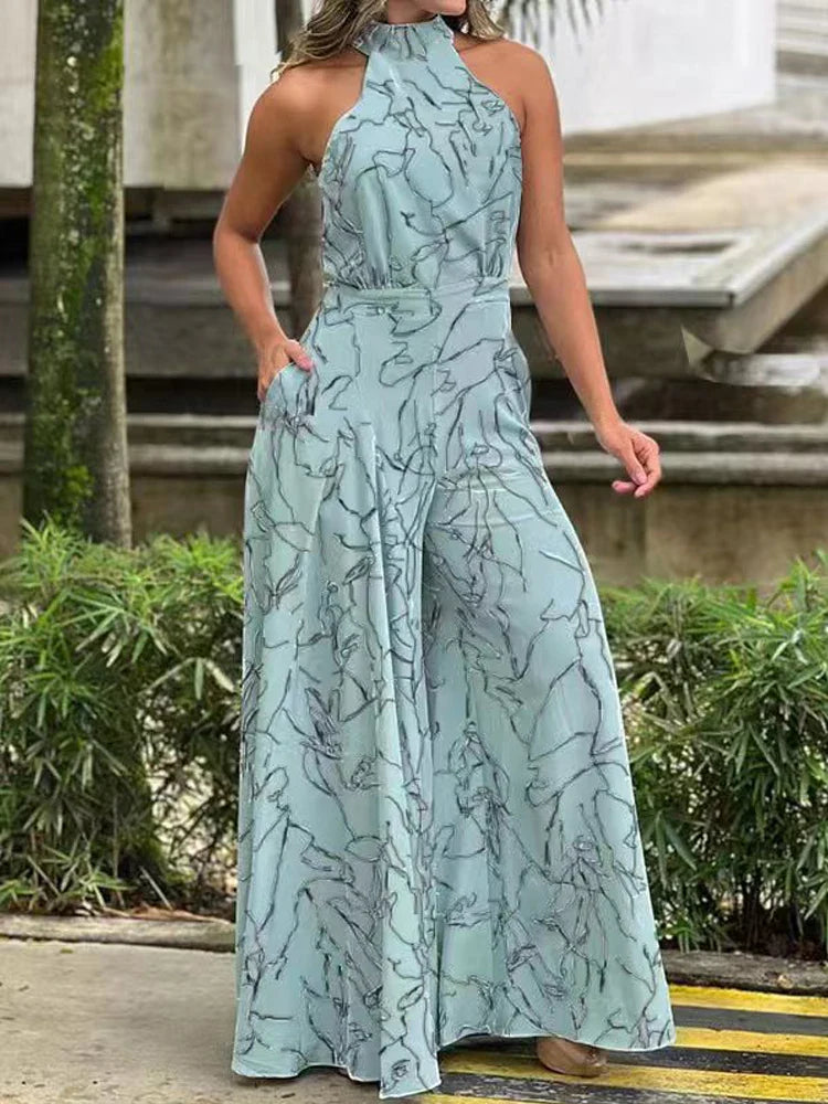 Women's Elegant Waist Halter Jumpsuit Casual Print Tie Sleeveless Wide Leg Long Pant Summer Clothing Black Line
