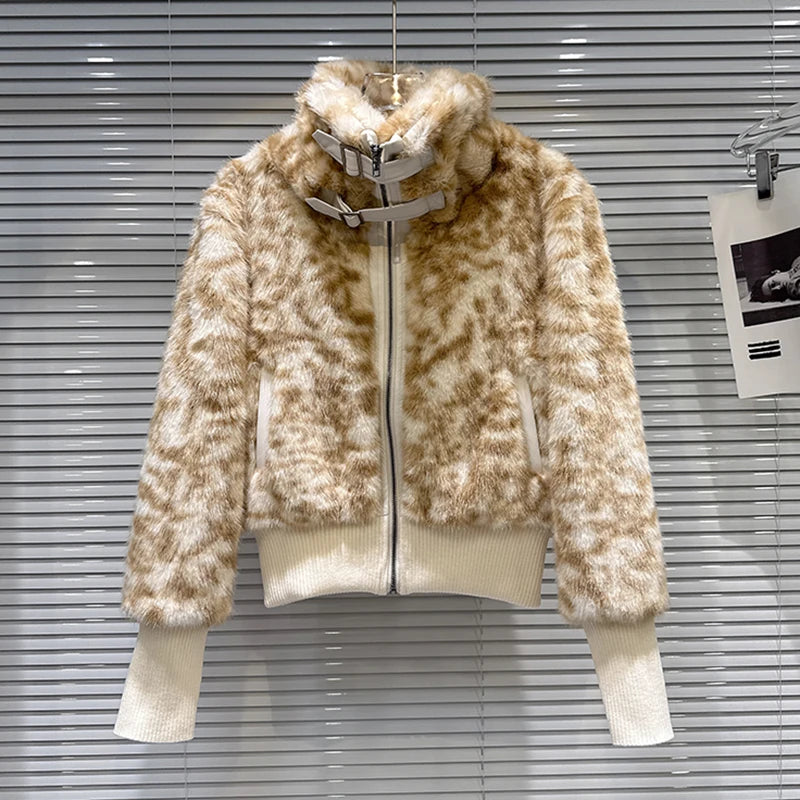 Winter New Style Leopard Print Fur Belt Buckle Collar Waist-Cinching Fur Coat For Women High Street Jacket 11A07761 Leopard Print