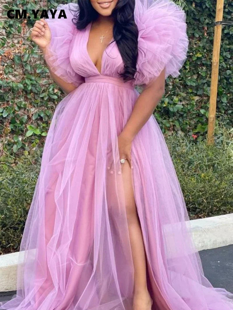 Women Cascading Ruffles Shoulder High Side Split Mesh Patchwork Maxi Long Dress 2023 sexy even Party Vestidos Dresses