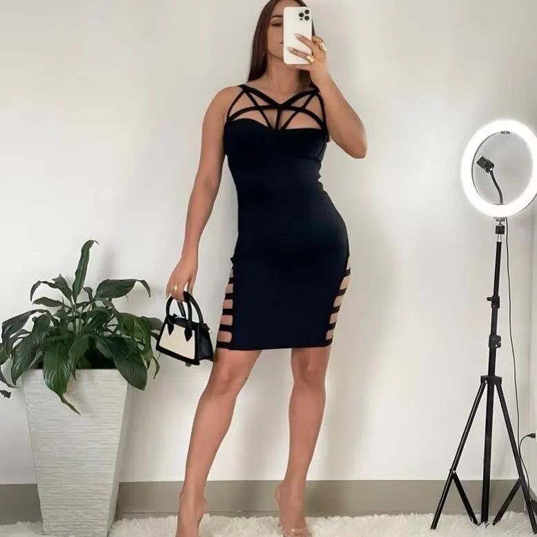 Black Pink Women Sleeveless Sexy V-Neck Bodycon Mini Bandage Dress Hollow Out Celebrate Night Club Party Cocktail Outfit