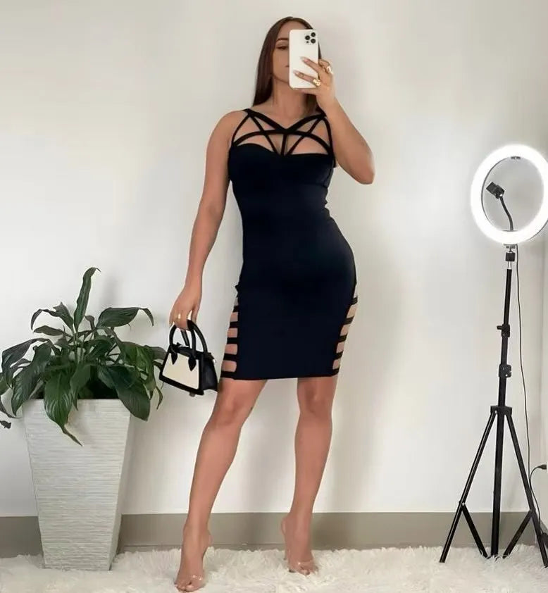 Black Pink Women Sleeveless Sexy V-Neck Bodycon Mini Bandage Dress Hollow Out Celebrate Night Club Party Cocktail Outfit