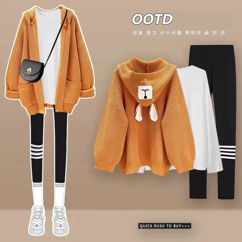 Women's 2024 Autumn New Matching Set Korean Elegant Hoodie Knitted Coat+Long Sleeve+Shark Pants Three Piece Female Clothing Suit Orange Set