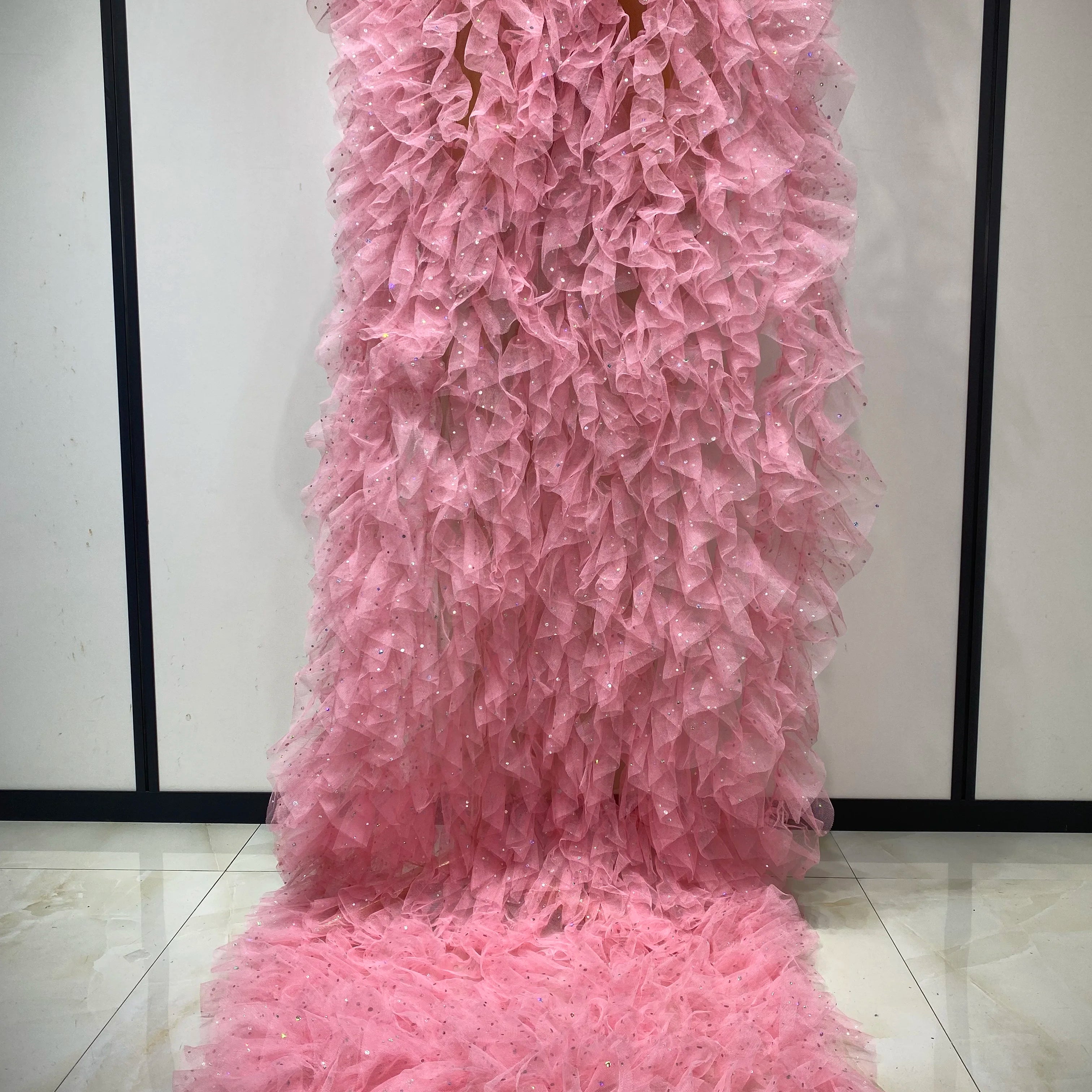 Women Sexy Mesh See Through Sequins Pink Maxi Long Dress Sparkly Sequin Evening Party Costume Stage Performance Birthday Dress