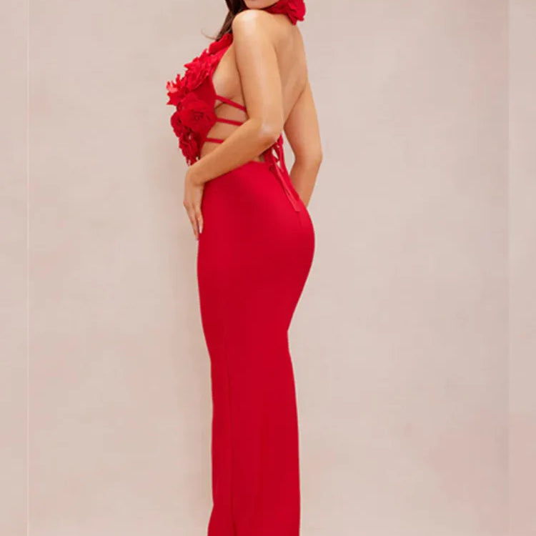 Women Celebrity Sexy Halter Key Hole Backless Red Flower Maxi Long Bandage Bodycon Dress 2025 Elegant Evening Club Party Outfit