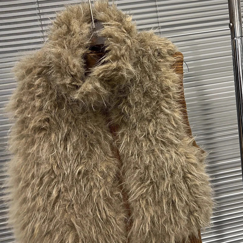 Autumn Winter New Versatile Style Sleeveless Simple Furry Vest For Women Stand Collar Zipper Sleeveless Coat 11A07567