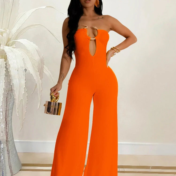 Women Wide Leg Deep V-Neck Sleeveless Jumpsuits 2024 Summer Hollow Out Night Street Club Playsuit One Piece Suit Romper