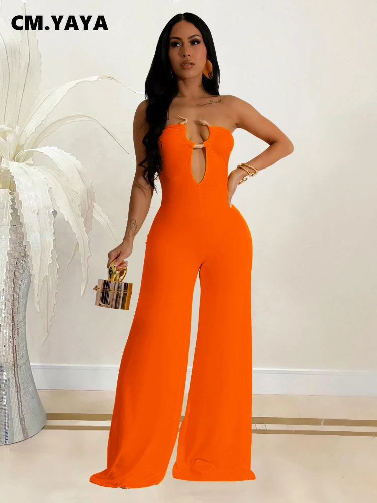 Women Wide Leg Deep V-Neck Sleeveless Jumpsuits 2024 Summer Hollow Out Night Street Club Playsuit One Piece Suit Romper