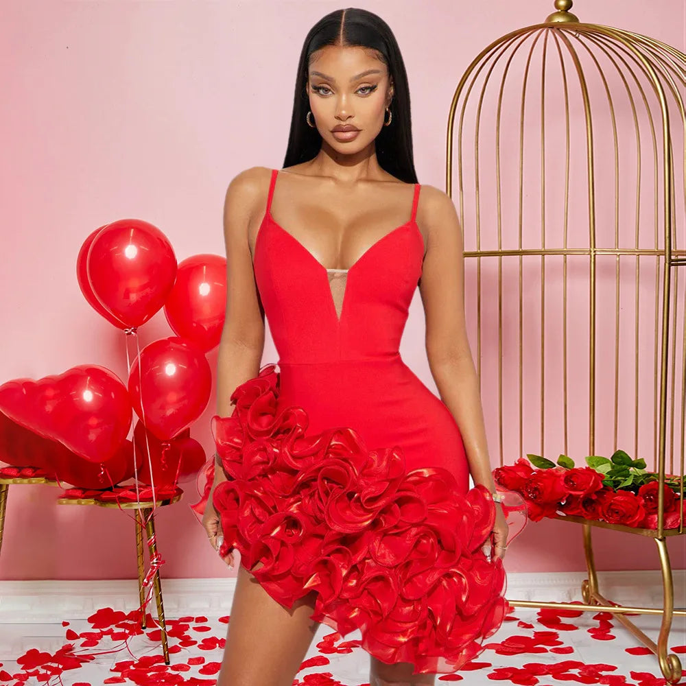 Women V-neck Strap Mult Ruffles Sleeveless Bodycon Mini Dress Sexy Evening Night Party Club irregular Vestidos Dresses Red