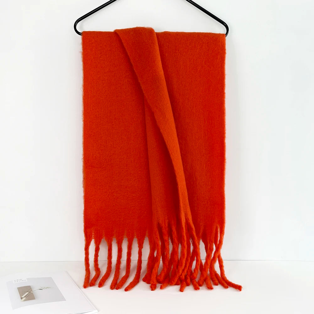 Winter Warm Scarf Women Girl Fashion Solid Color Shawl Stole Faux Cashmere Bandana for Lady 210*40cm Orange Red