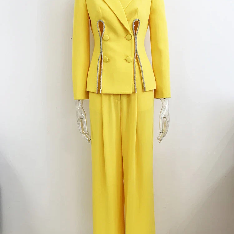 HIGH STREET Newest Designer Runway Suit Set Women's Diamonds Beaded Slit Blazer Straight Pants Set 2PCS