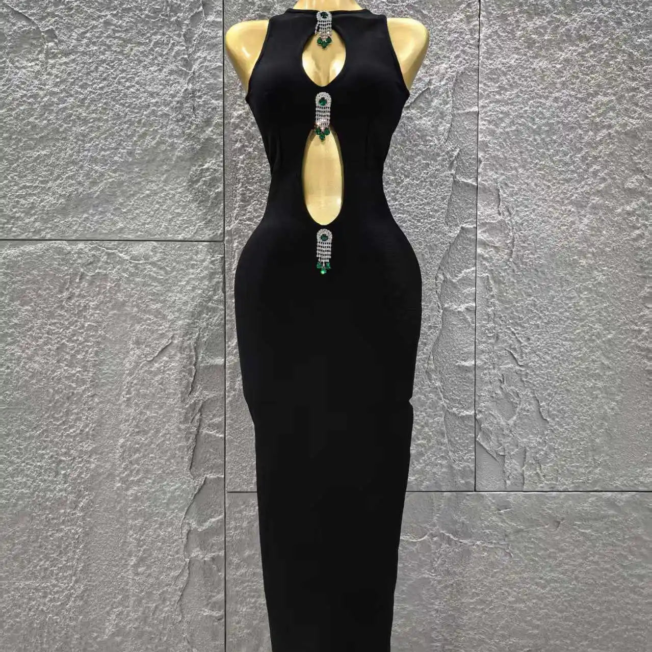 Top Quality Women Sleeveless Sexy Keyholes Shinning Diamond Bodycon Long Bandage Dress Evening Party Celebrate Cocktail Dress