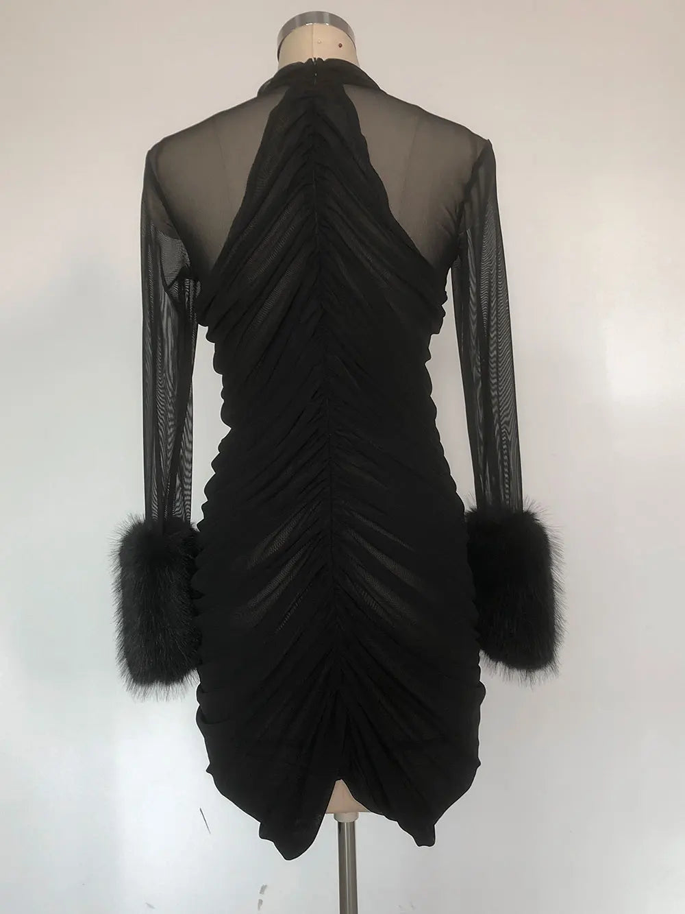 2025 Sexy Women's Patchwork Mesh Dress with High Collar and Hairy Sleeve Design Bodycon Draped Mini Dress Evening Party Vestidos