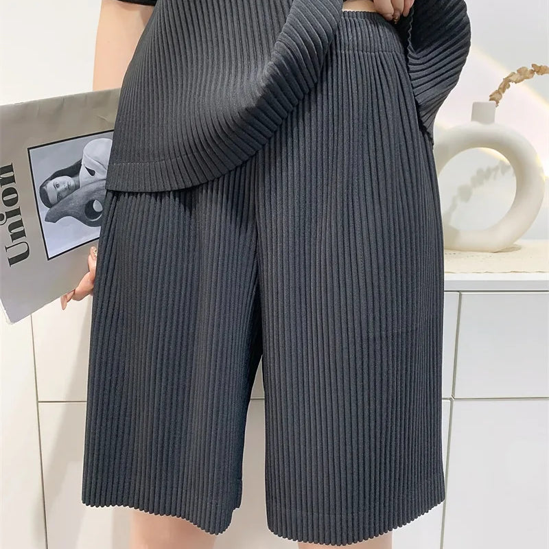 Miyake Pleated Spring Summer Loose Casual Wide-leg Five-quarter Pants High-waisted Versatile Straight Pleated Pants Women