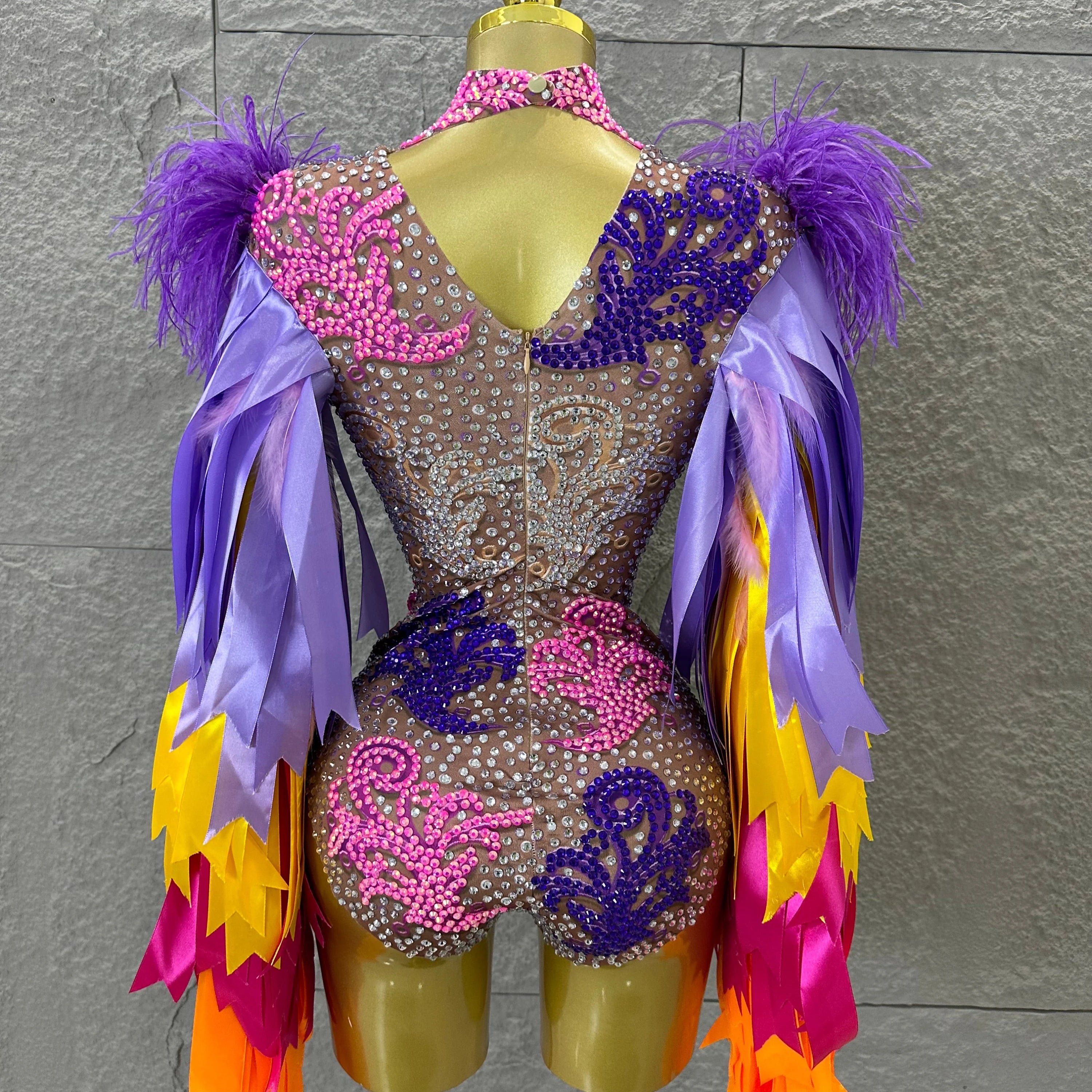 Sexy 2026 High Neck Sheer Mesh Bodysuit Women Purple Pink Crystal Fringe Long Sleeve Outfit Luxury Drag Queen Costume