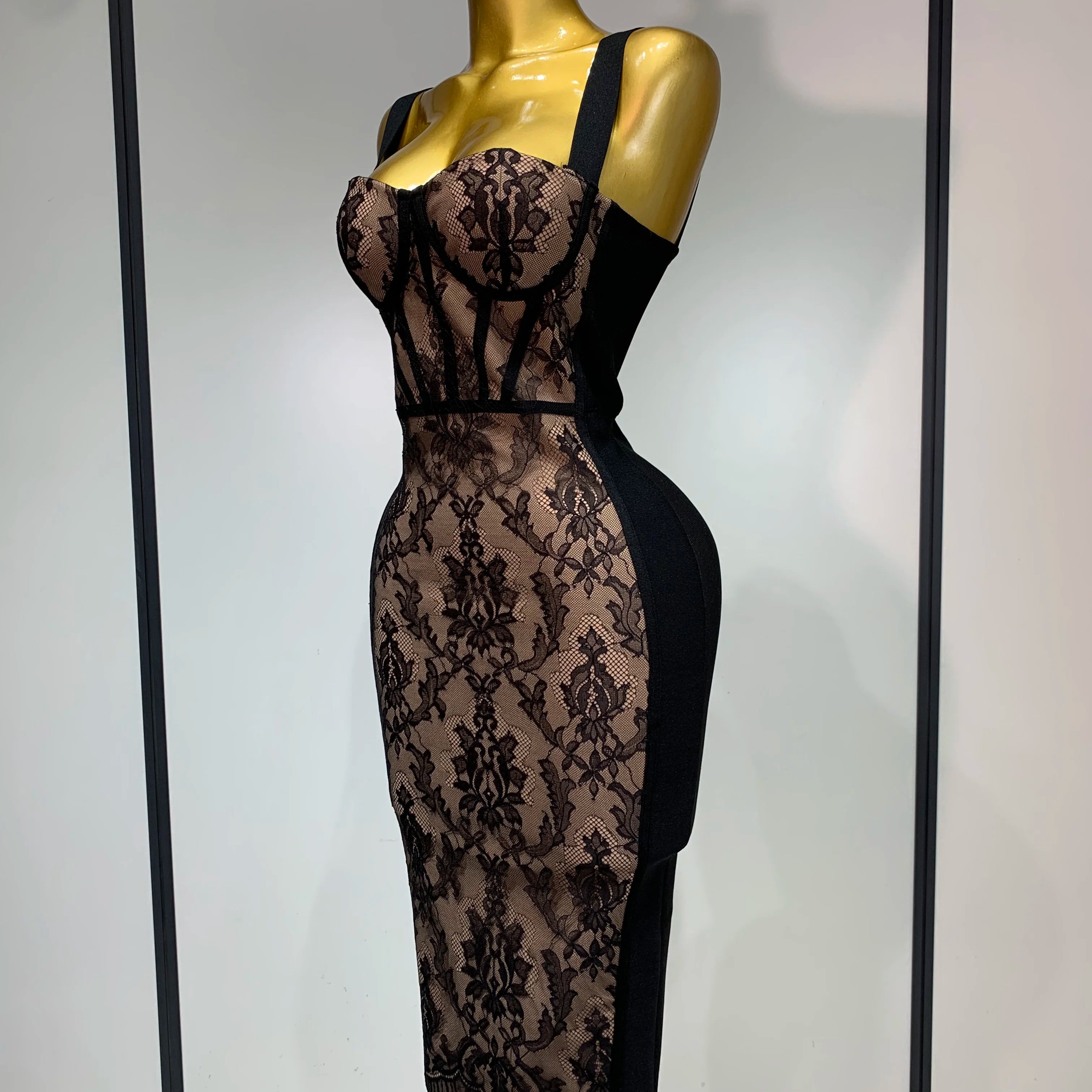 Sexy Black Lace Bodycon Bandage Dress 2025 New Arrivals Women Luxury Vintage Elegant Evening Party Dress Birthday Club Vestido
