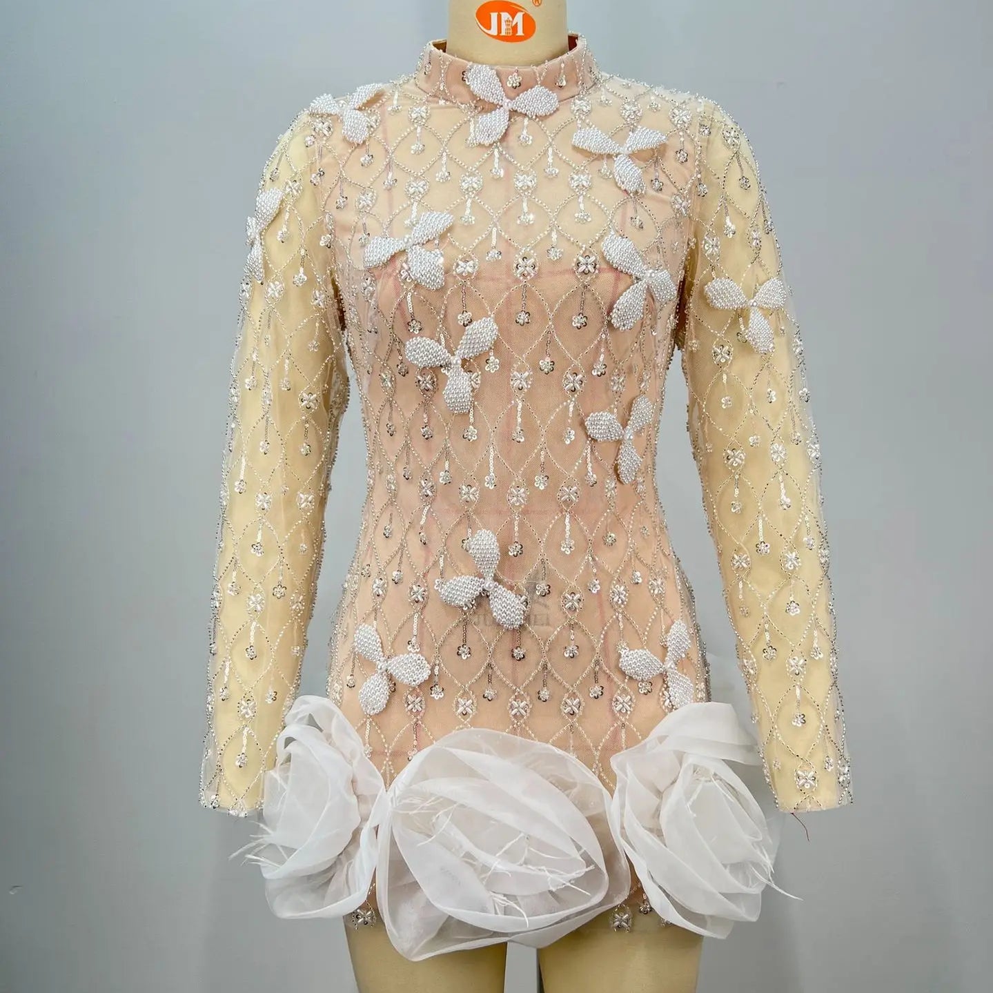 Luxury Exquisite Beading White Flowers Sexy See Through Mini Evening Dress Woman Birthday Party Dress Performances Costume