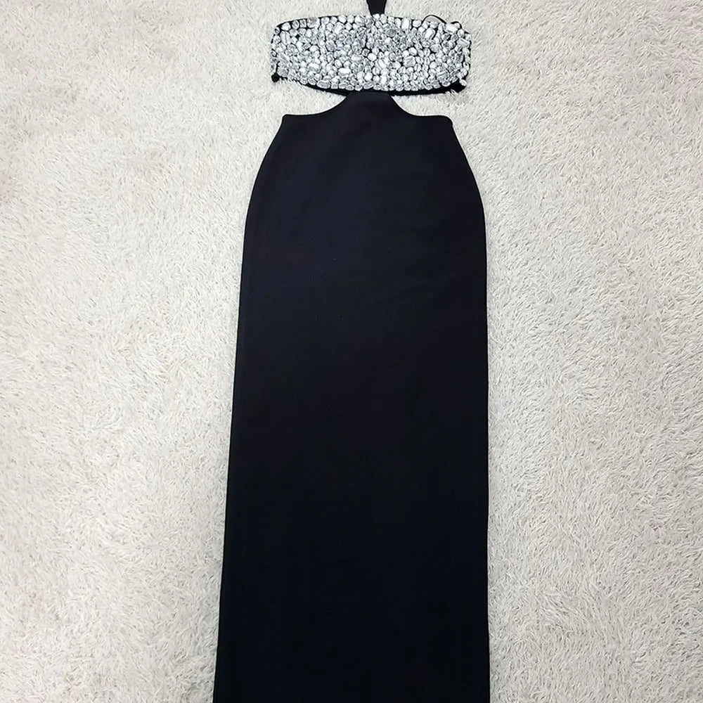 2025 Sexy Women's Light Luxury Nail Bead Design Bandage Dress Hanging Neck Sleeveless Waist Design Bodycon Long Dress Vestitos