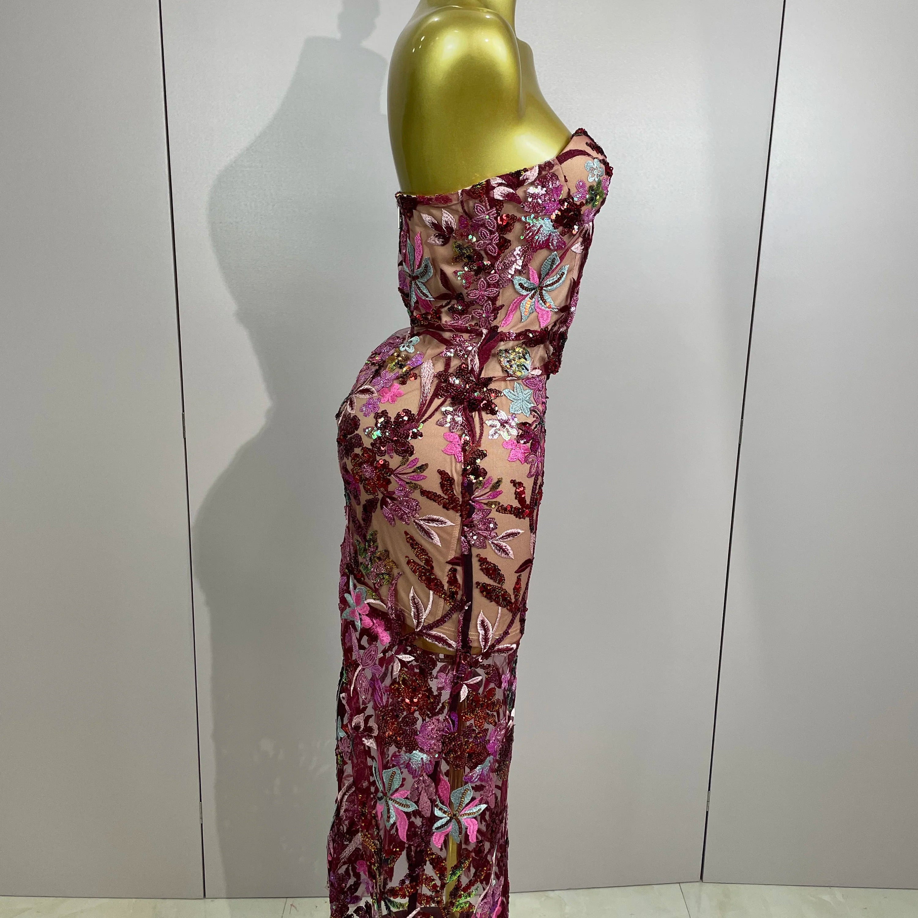 Sexy Strapless Floral Sequin Long Dress 2025 New Women Sequins Flower Backless Long Slim Dress Evening Party Runway Gown Dress