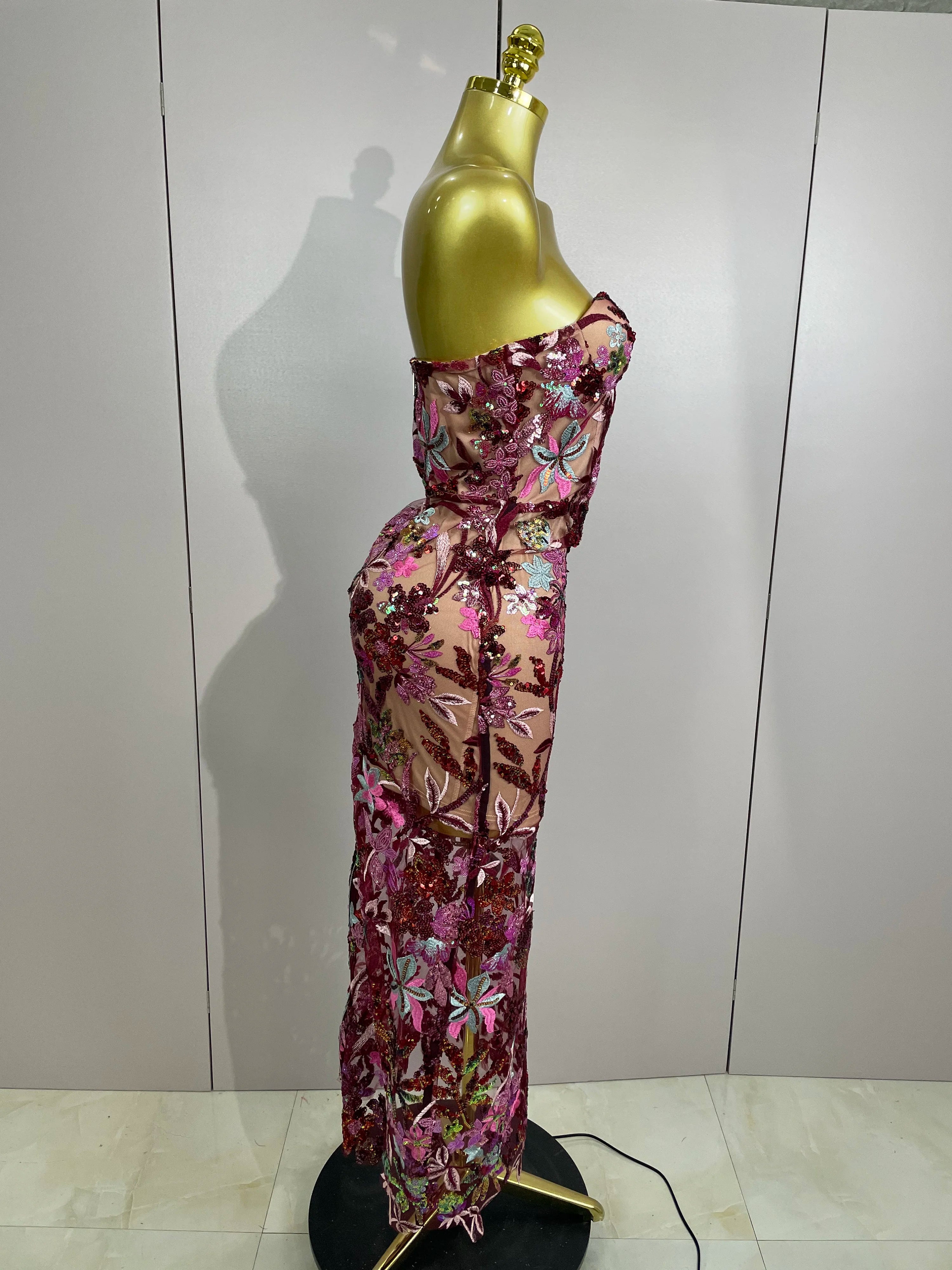 Sexy Strapless Floral Sequin Long Dress 2025 New Women Sequins Flower Backless Long Slim Dress Evening Party Runway Gown Dress