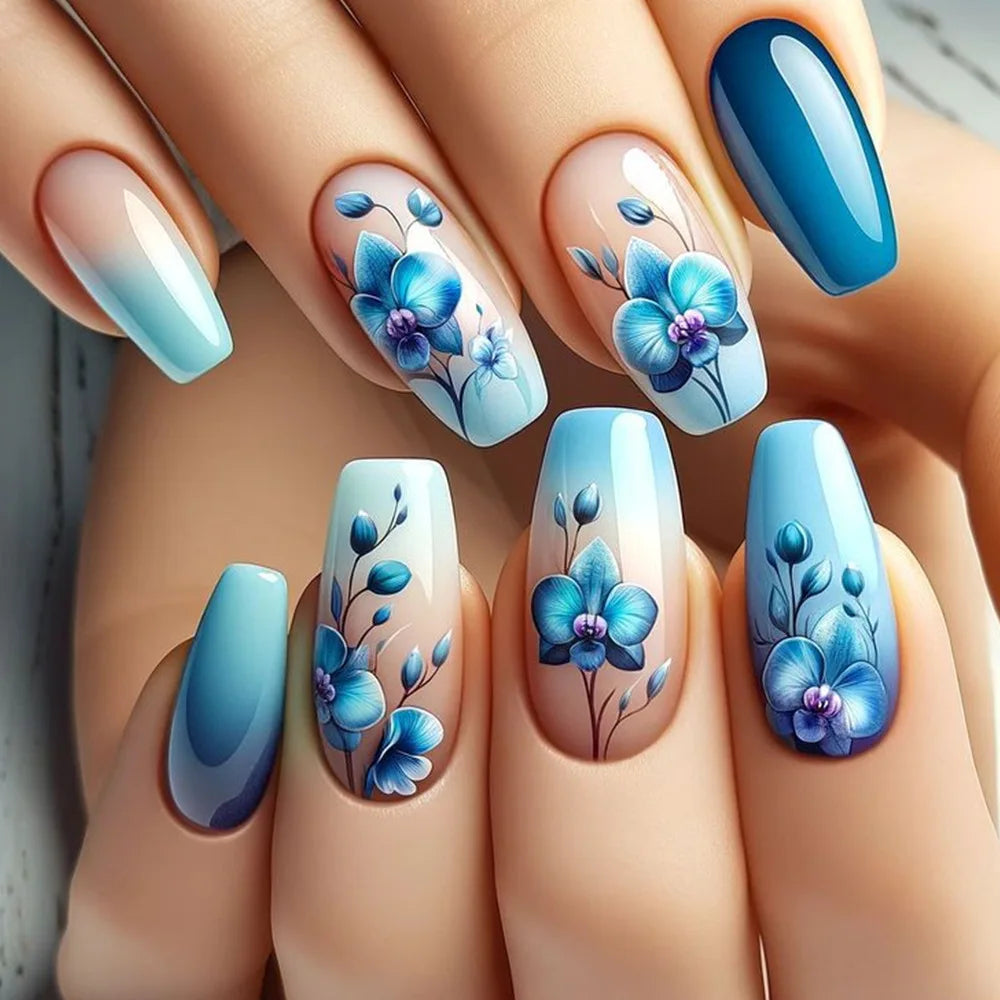 24Pcs Fake Nails Mid-length Ballet Press on False Nails with Blue Flowers Design Fashion Nails Set Detachable Nail Spring/Summer 6