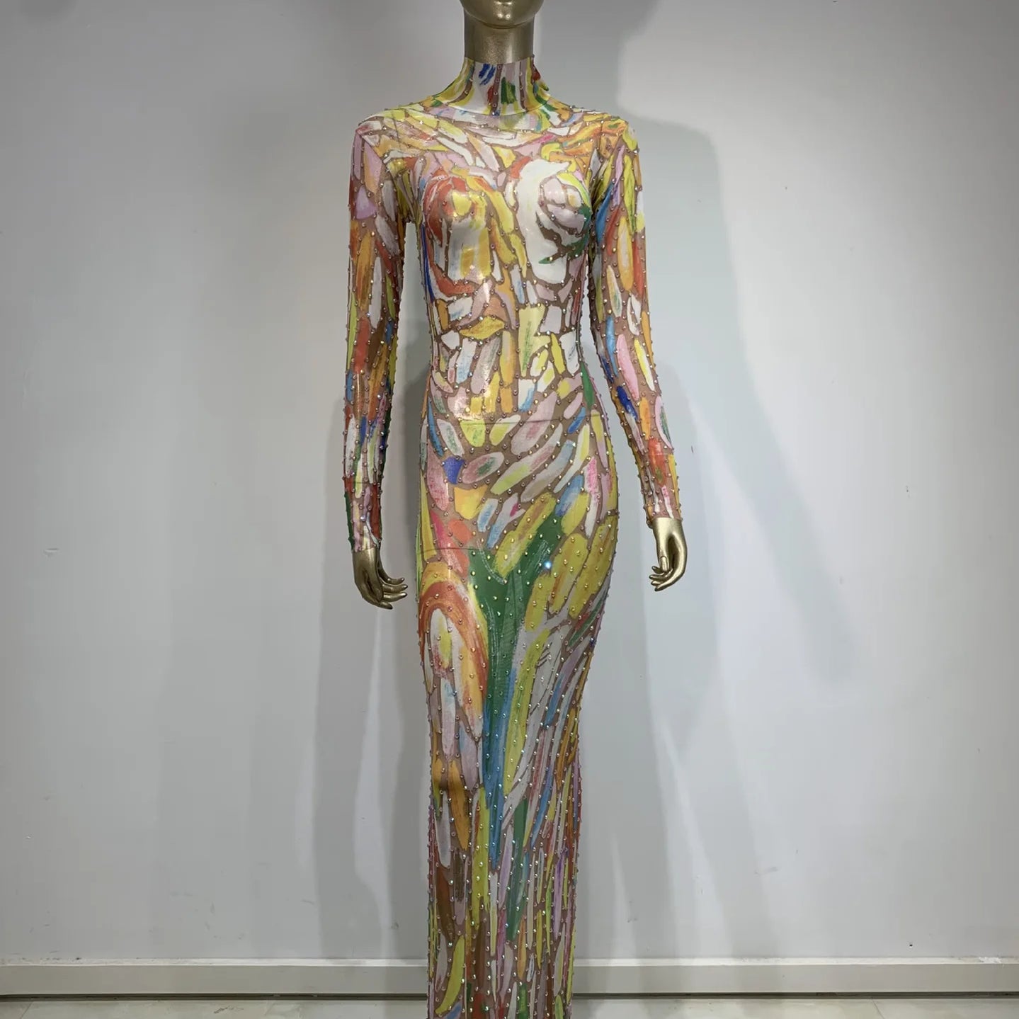 Stock Women Luxury Sexy Painting Crystal Diamonds Maxi Long Dress Birthday Party Costume Bar Nightclub Stage Performance Outfits