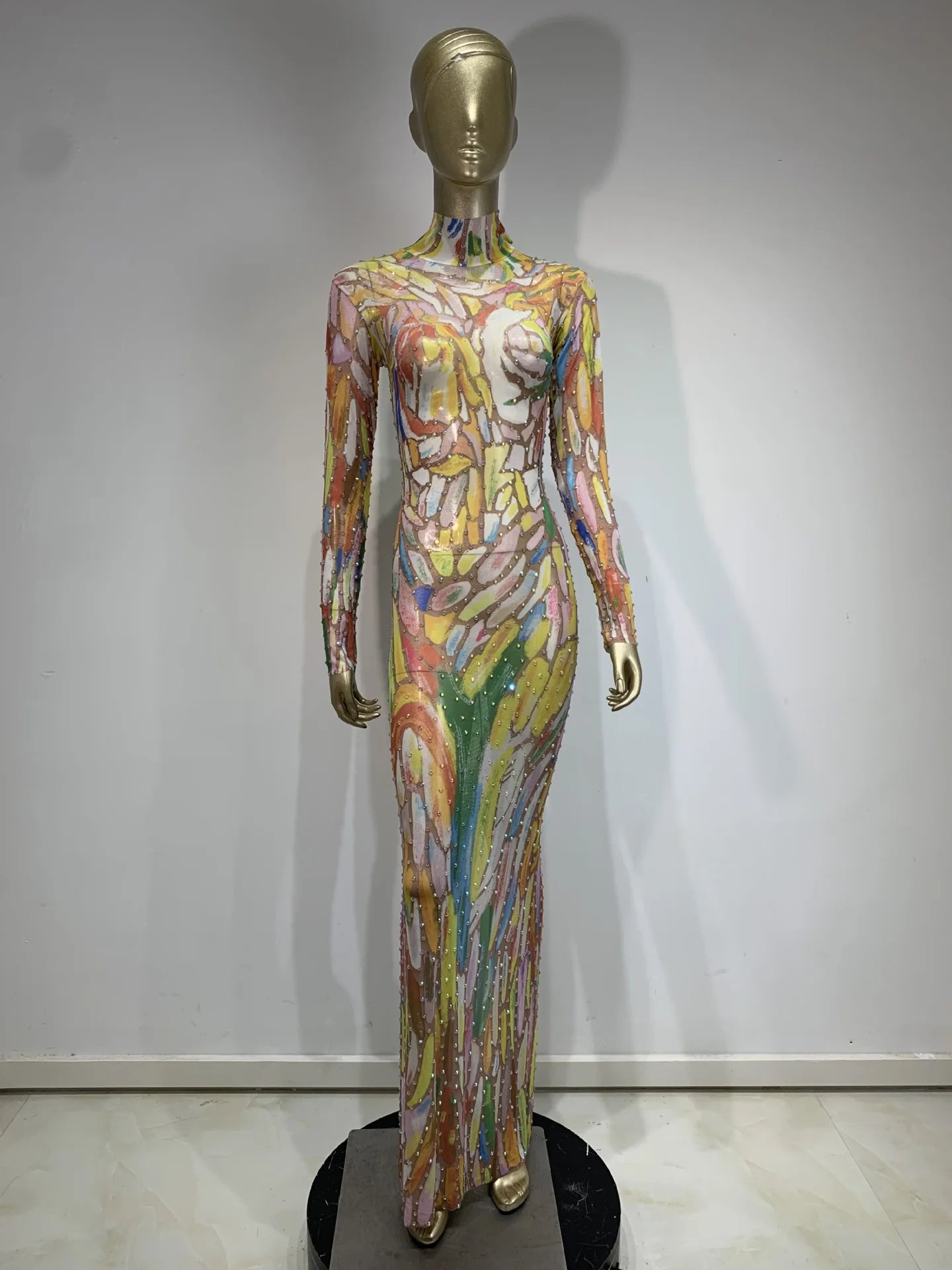 Stock Women Luxury Sexy Painting Crystal Diamonds Maxi Long Dress Birthday Party Costume Bar Nightclub Stage Performance Outfits