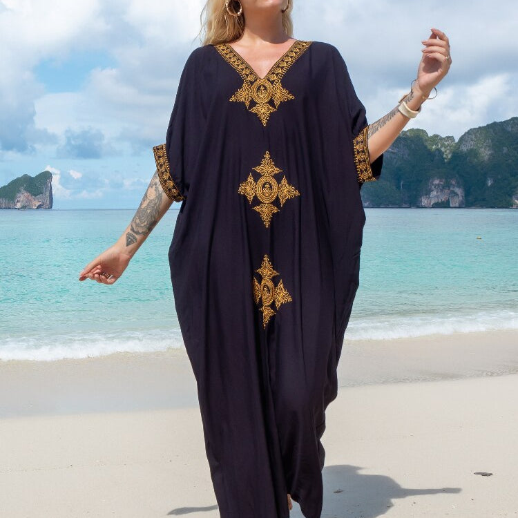 Plus Size Kaftan Tunic Beach Dress Swim Wear Bathing Suit Cover Up 1373-Black One Size