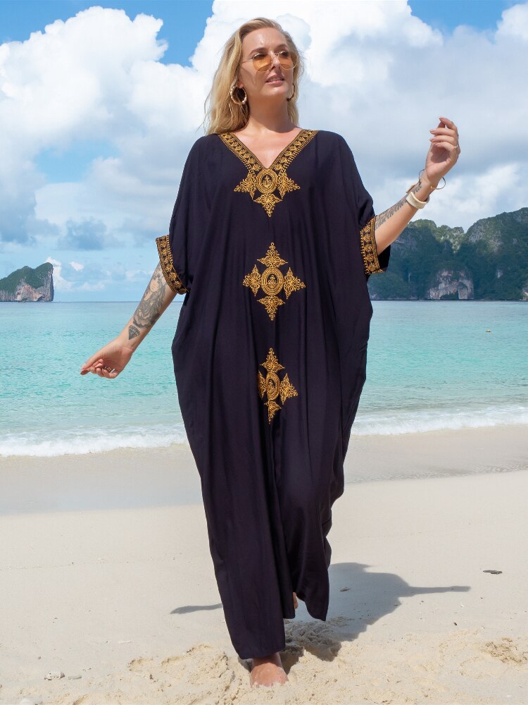 Plus Size Kaftan Tunic Beach Dress Swim Wear Bathing Suit Cover Up 1373-Black One Size