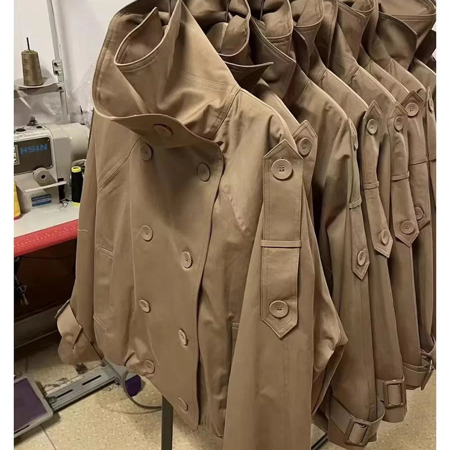 Lautaro Autumn Cool Short Oversized Khaki Jacket Coat Women Stand Collar Double Breasted Loose Casual Korean Fashion Clothes