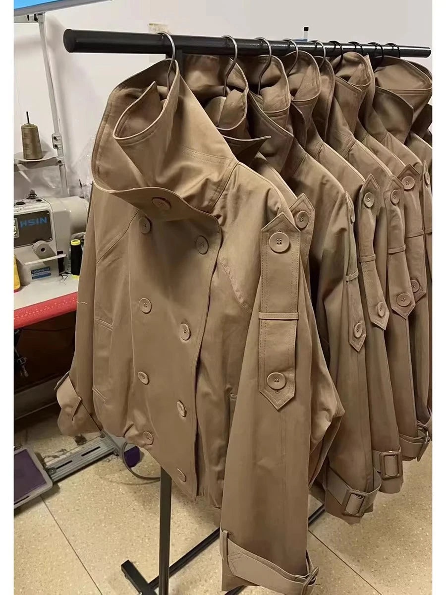 Lautaro Autumn Cool Short Oversized Khaki Jacket Coat Women Stand Collar Double Breasted Loose Casual Korean Fashion Clothes
