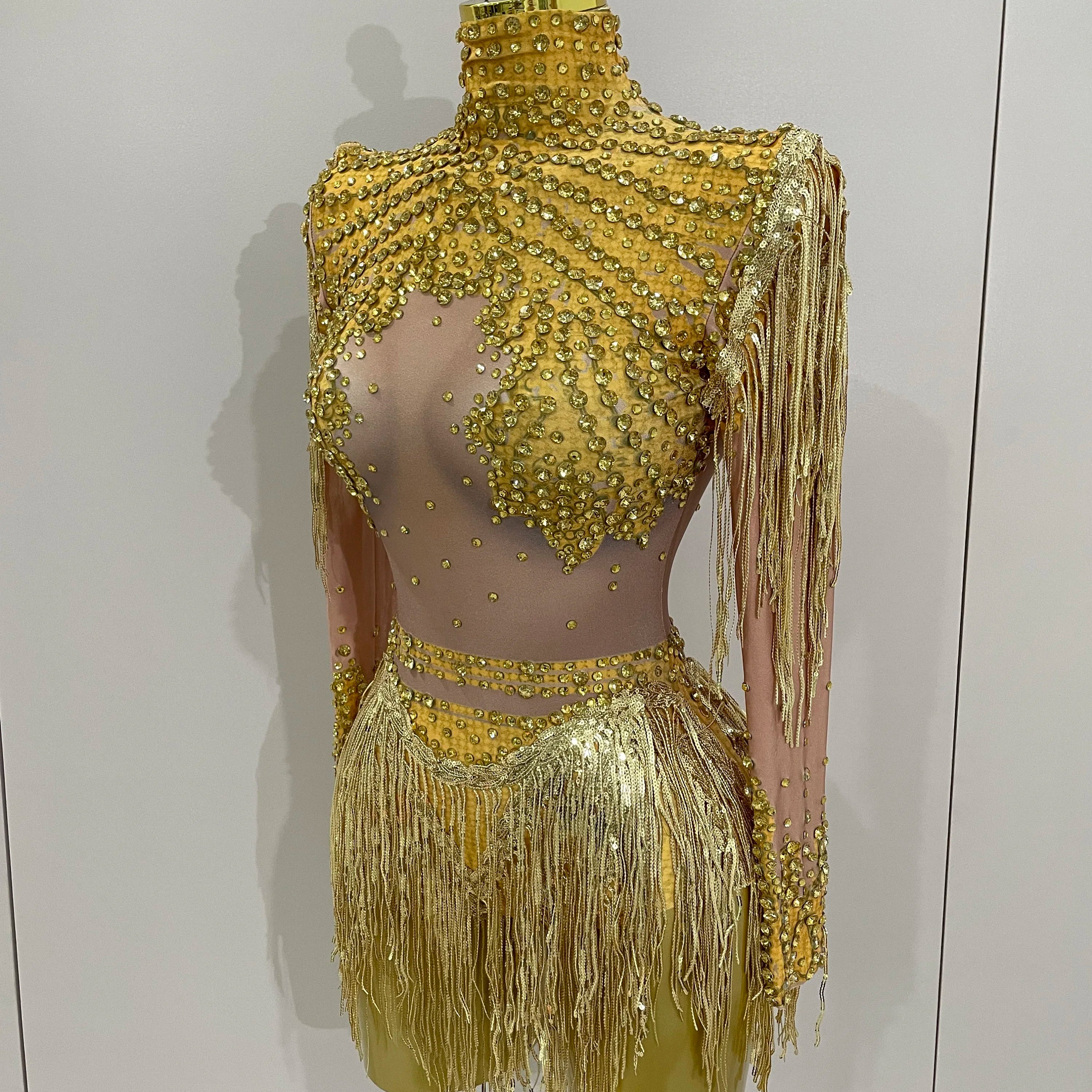 Sparkly Rhinestone Sequin Tassel Stretch Bodysuits 2025 Women Birthday Party Nightclub Dj Stage Performance Costume