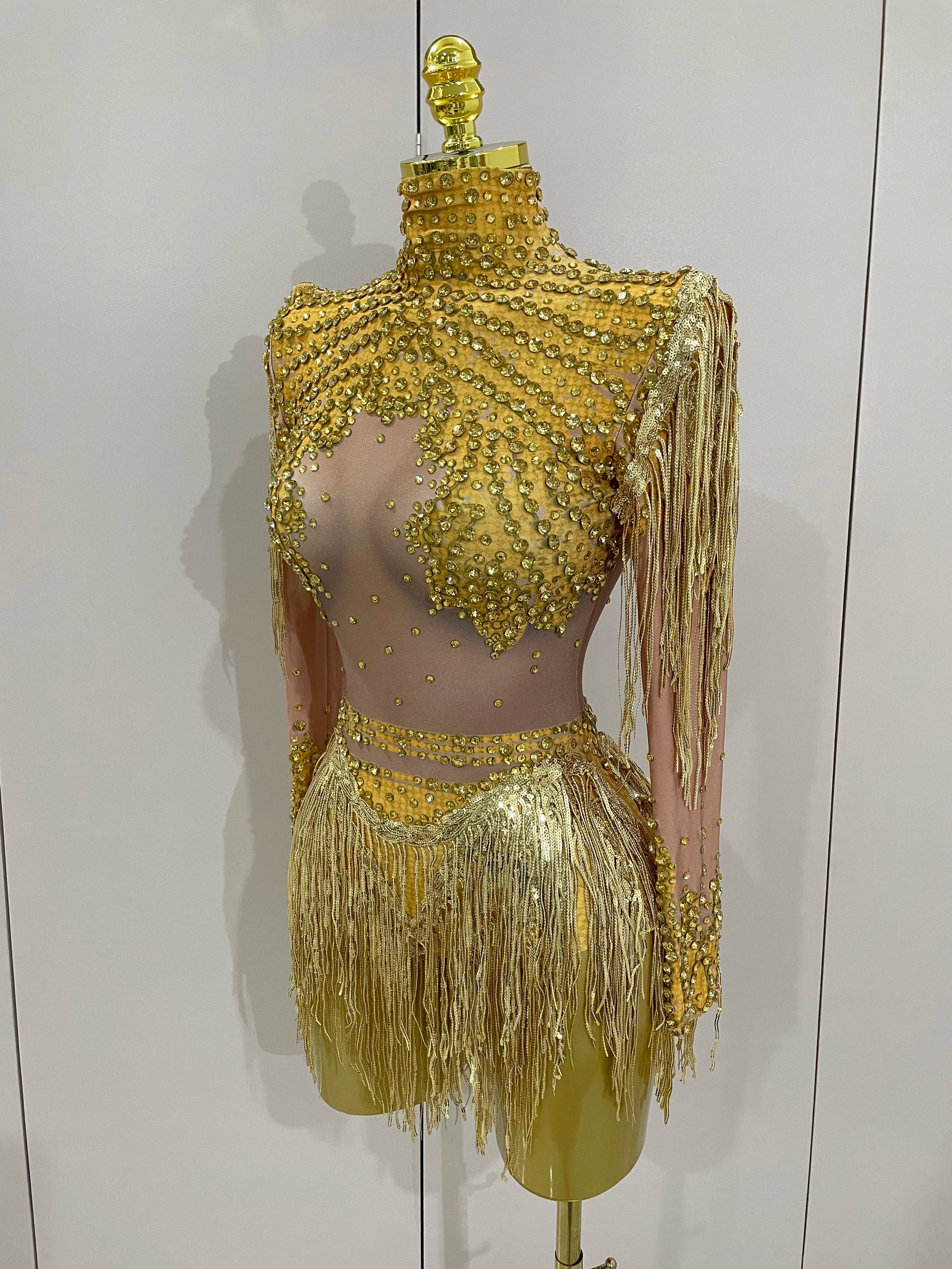 Sparkly Rhinestone Sequin Tassel Stretch Bodysuits 2025 Women Birthday Party Nightclub Dj Stage Performance Costume