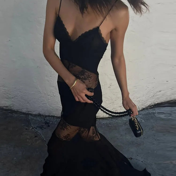 Lace See Through Sling Maxi Dress Women Sexy Slim Black Backless Sleeveless Long Dresses Female Summer Chic Party Evening Robes