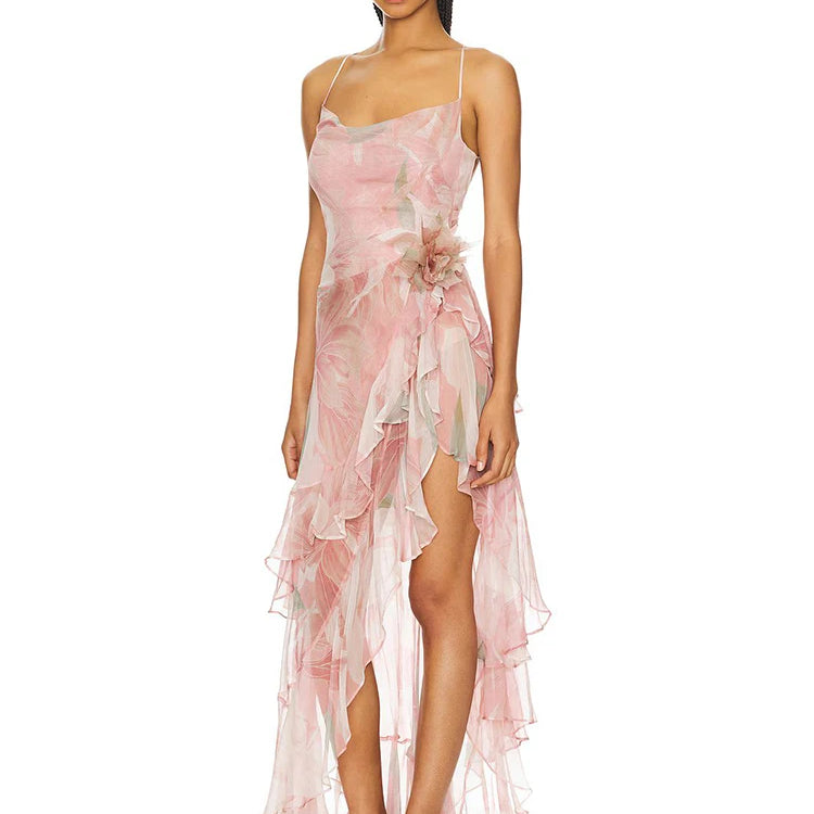 Floral-Print Ruffled Long Dress Pink Color Cowl Neck Spaghetti Straps Pleated Hem Strapless Maxi Cocktail Party Evening Gowns