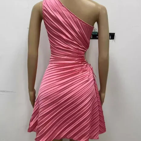 Women Pleated One Shouloder Sleeveless Cutout Waist Dress 2025 Evening Sexy Club Party Evening High Street Dresses