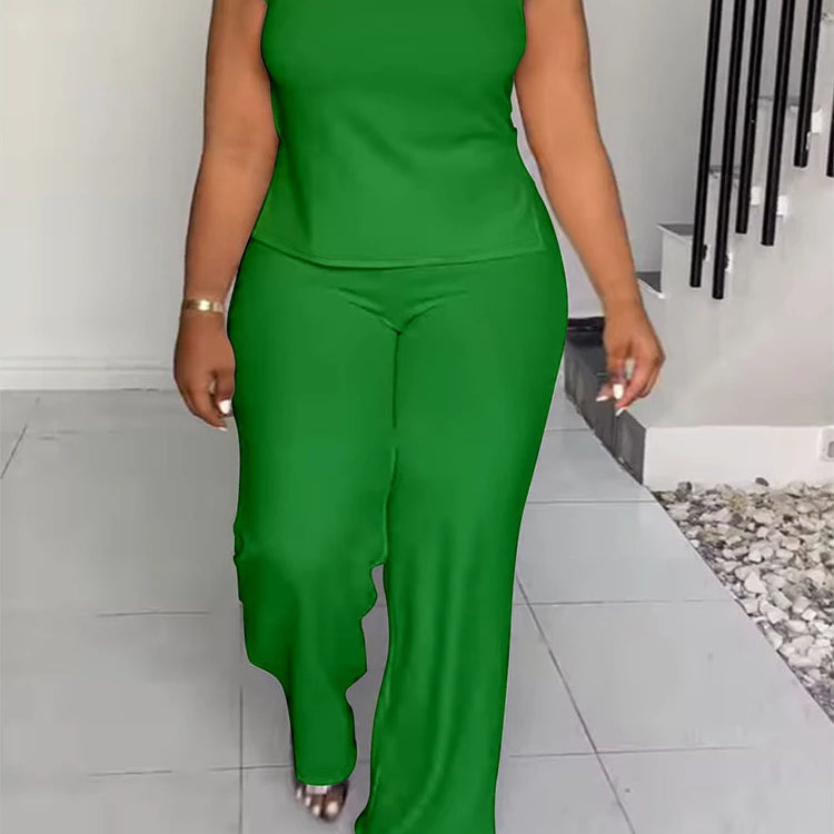 CM.YAYA Plus Size Women's Set O-neck Sleeveless T-shirt Vest and Pants Suits Sweatsuit Two 2 Piece Set Outfit Street Tracksuit