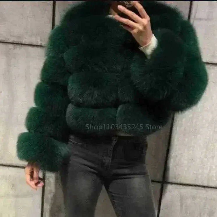 Women's Fashion Faux Fur Coat Super Hot Autumn Winter Women Short Faux Fox Fur Fluffy Jacket High Quality 5xl Ladies Furry Coats Ink green