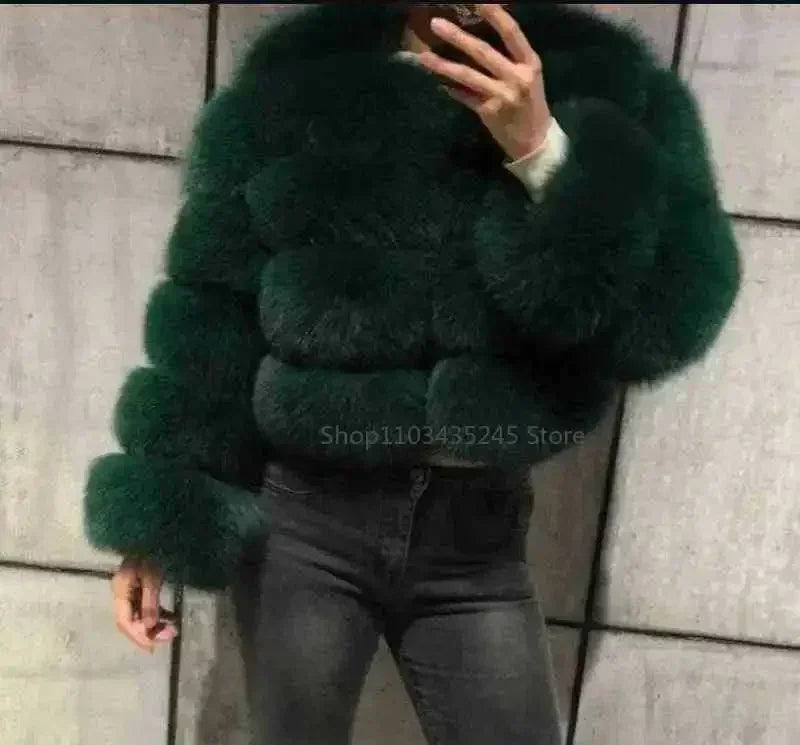 Women's Fashion Faux Fur Coat Super Hot Autumn Winter Women Short Faux Fox Fur Fluffy Jacket High Quality 5xl Ladies Furry Coats Ink green