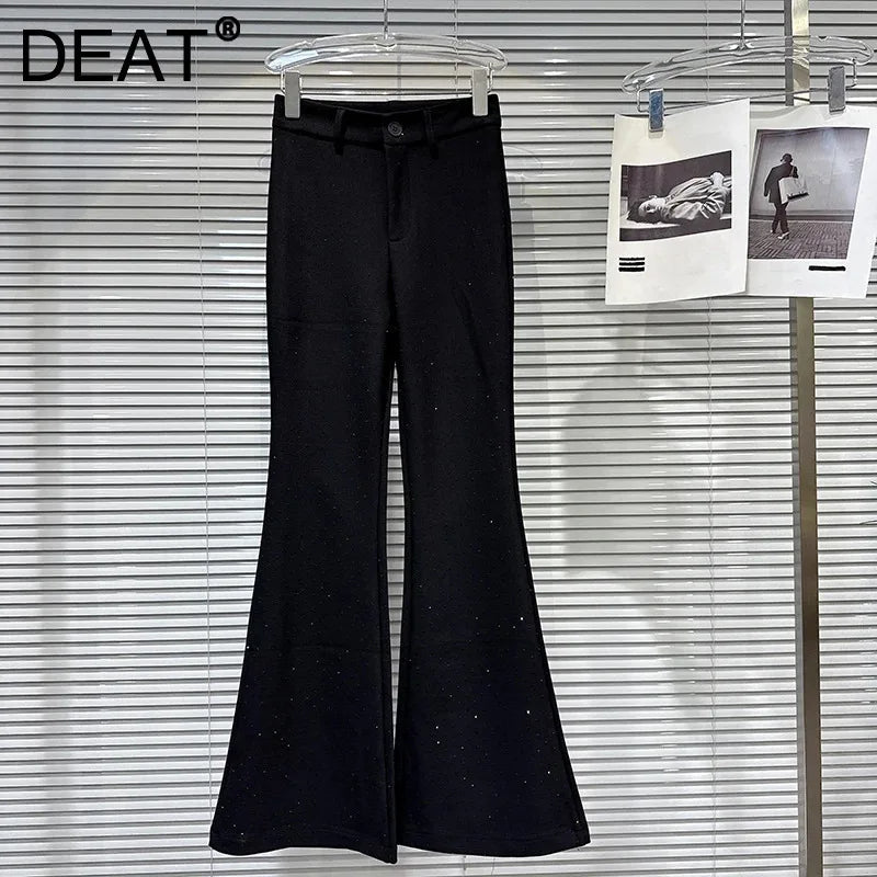 Winter New Fashion Full Rhinestone Stretch Fleece Flared Pants For Women High Waist Slim Fit Trousers Female 11A07729