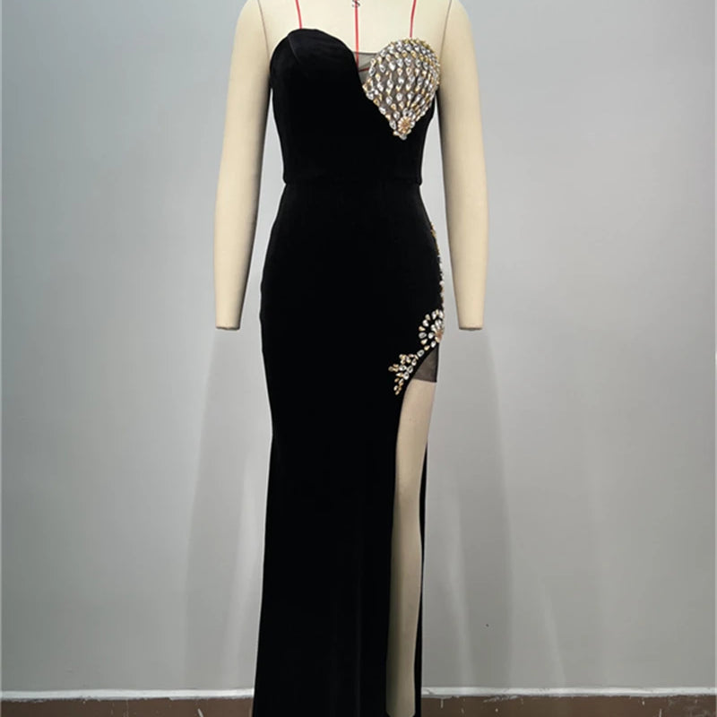 2025 Luxury Shining Diamonds Sexy High Slit Stapless black velvet Long Dress Elegant Woman Birthday Party Dress Goddess Vestido