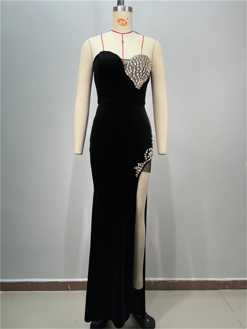 2025 Luxury Shining Diamonds Sexy High Slit Stapless black velvet Long Dress Elegant Woman Birthday Party Dress Goddess Vestido