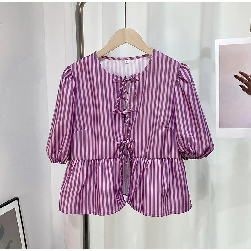 Fashion Print Bow Lace Up Women Blouses Loose V-neck Short Puff Sleeve Female Shirts Spring Summer Casual Lady Flower Tops purple