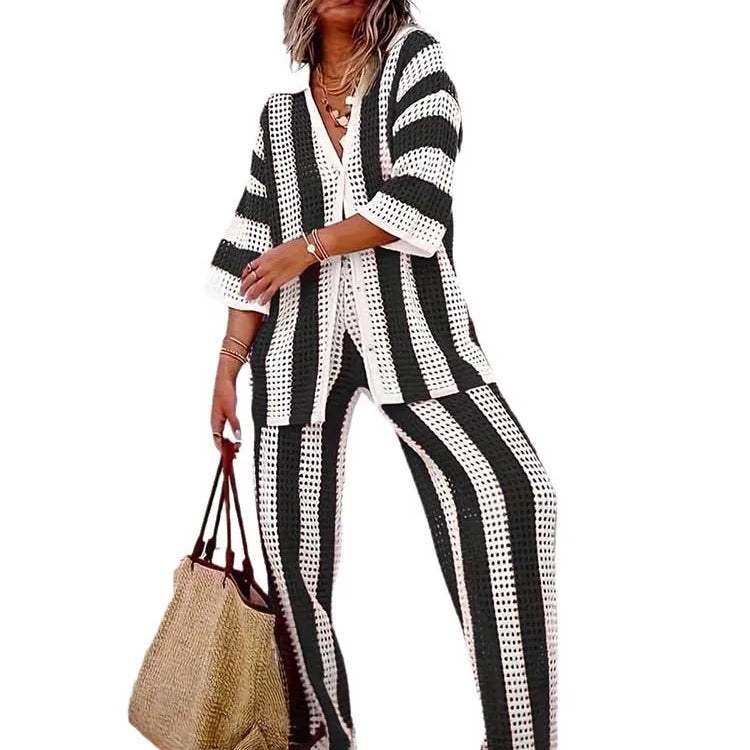 Summer Outfits for Women Vacation Hollow Out Sweater Shirt and Trouser Lady Casual Sexy Plus Size Sets 2 Piece Pants Sets Wide black