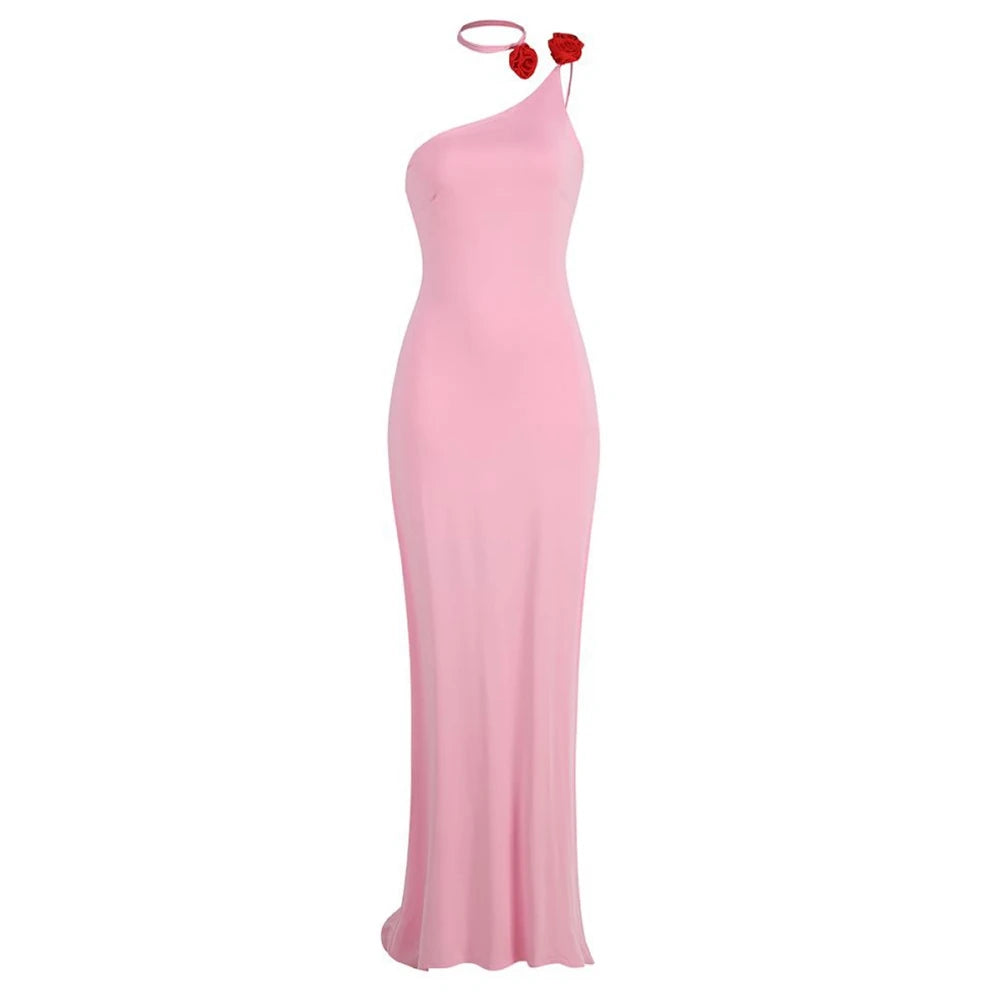 Women'S Pink Dress Elegant And Pretty Maxi Gown 3D Flower Design Diagonal Collar Sleeveless Formal Party Vestidos Pink