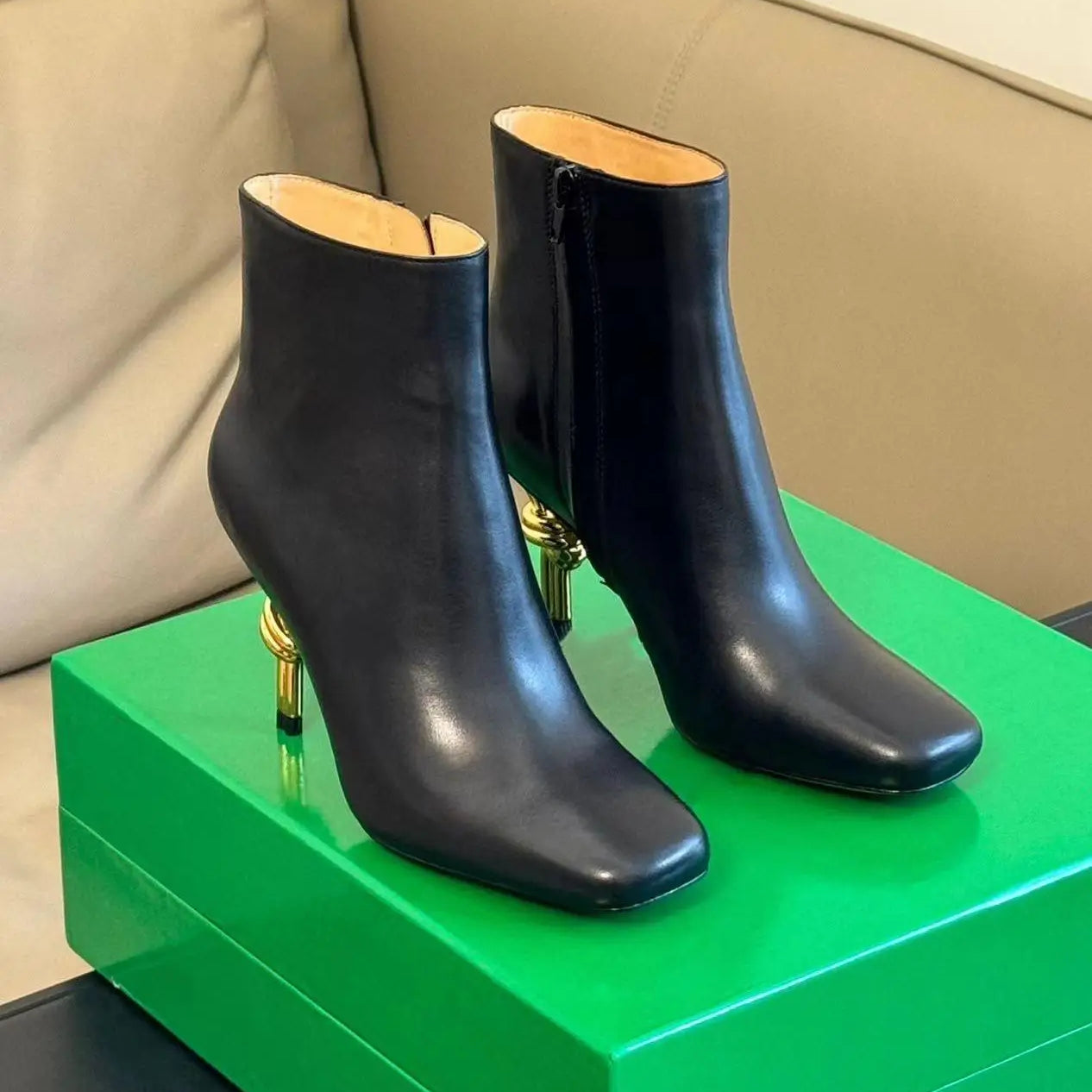 Women Metal Knot Shaped Heel Boots High Heel Ankle Nude Boots Elegant Office Side Zip Square Toe Heels Boots