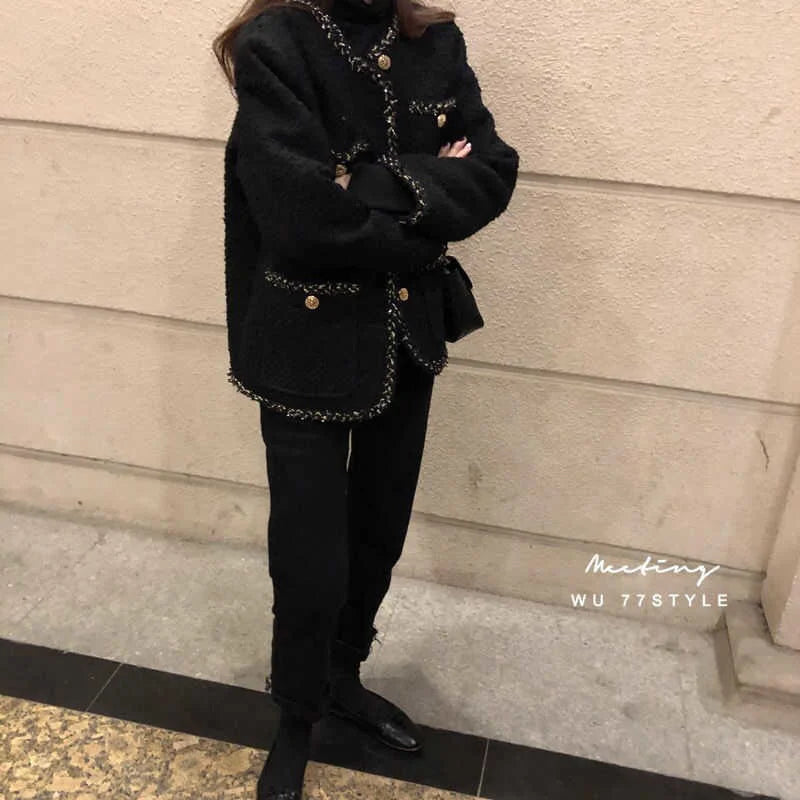 Warm Wool Tweed Jacket Coats Women Winter Korean Style Black Long Sleeve Jackets Woman Pockets Single-Breasted Outwear Lady